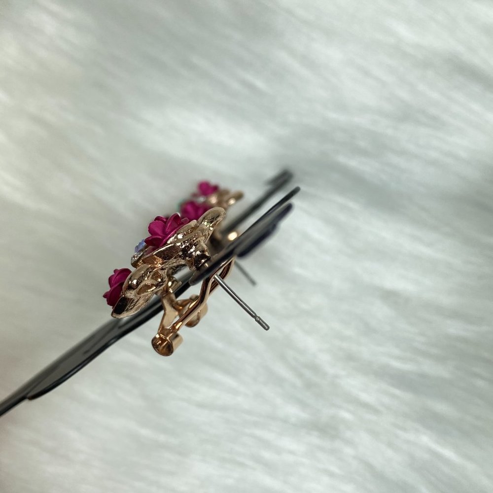 Pink Roses Gold Tone AB Rhinestone Pierced Earring - Picture 6 of 10
